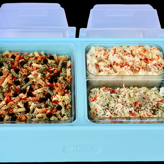 The Dubler HEAT is unique innovation as a flameless chafer and cooler combination that fits two 1/2 size food pans and up to 4” depth.  The premium insulation, along with the heat packs and placing hot food trays straight from oven, provide a slow drop in temperature over time.  Enjoy hot to eventually warm food for hours while the outside remains safe to touch for easy mobility.