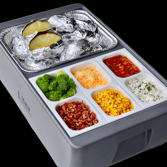 REVO insulated flameless chafer and beverage tub for food tray warming and chilled beverage displays.