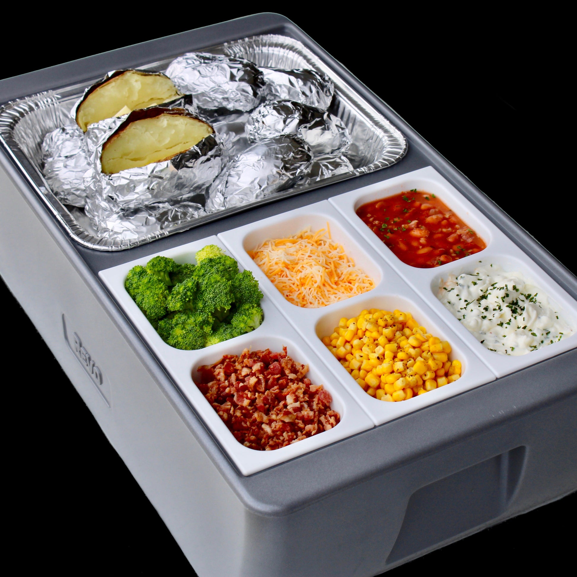 REVO insulated flameless chafer and beverage tub for food tray warming and chilled beverage displays.