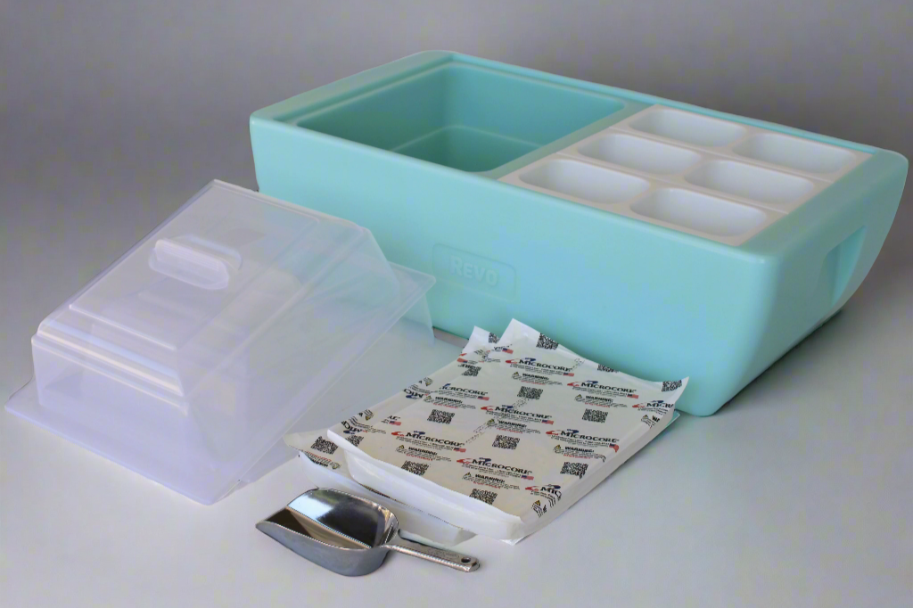 The Dubler HEAT is unique innovation as a flameless chafer and cooler combination that fits two 1/2 size food pans and up to 4” depth.  The premium insulation, along with the heat packs and placing hot food trays straight from oven, provide a slow drop in temperature over time.  Enjoy hot to eventually warm food for hours while the outside remains safe to touch for easy mobility.