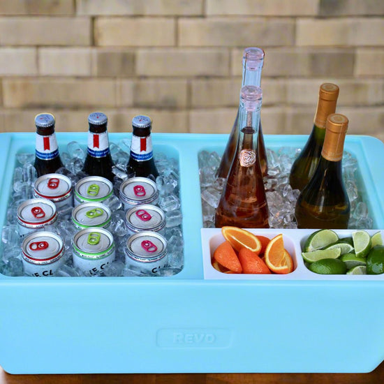 REVO insulated flameless chafer and beverage tub for food tray warming and chilled beverage displays.