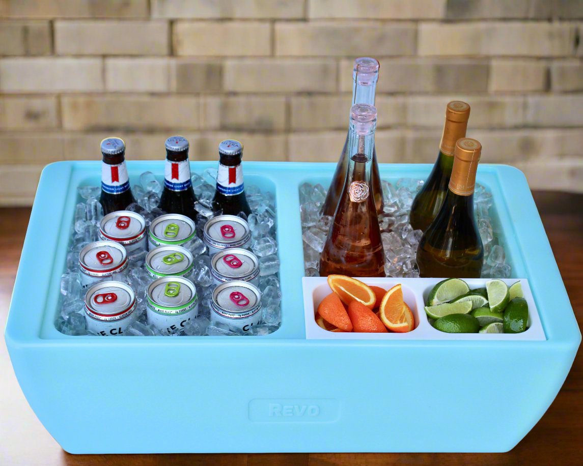 REVO insulated flameless chafer and beverage tub for food tray warming and chilled beverage displays.