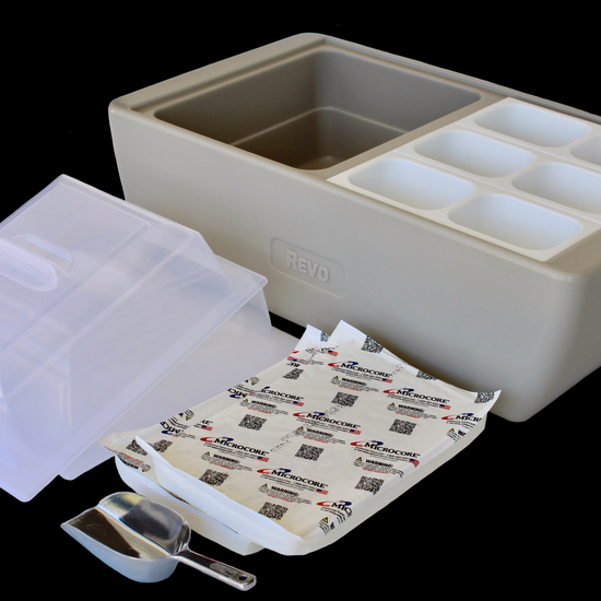 The Dubler HEAT is unique innovation as a flameless chafer and cooler combination that fits two 1/2 size food pans and up to 4” depth.  The premium insulation, along with the heat packs and placing hot food trays straight from oven, provide a slow drop in temperature over time.  Enjoy hot to eventually warm food for hours while the outside remains safe to touch for easy mobility.