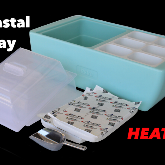 REVO insulated flameless chafer and beverage tub for  food tray warming and chilled beverage displays.