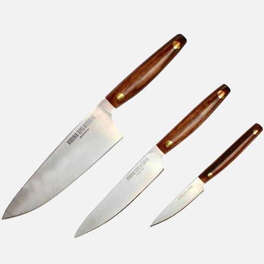 3 Piece Stainless Steel Chef Knife Set with Walnut Wood Handles by Virginia Boys Kitchens